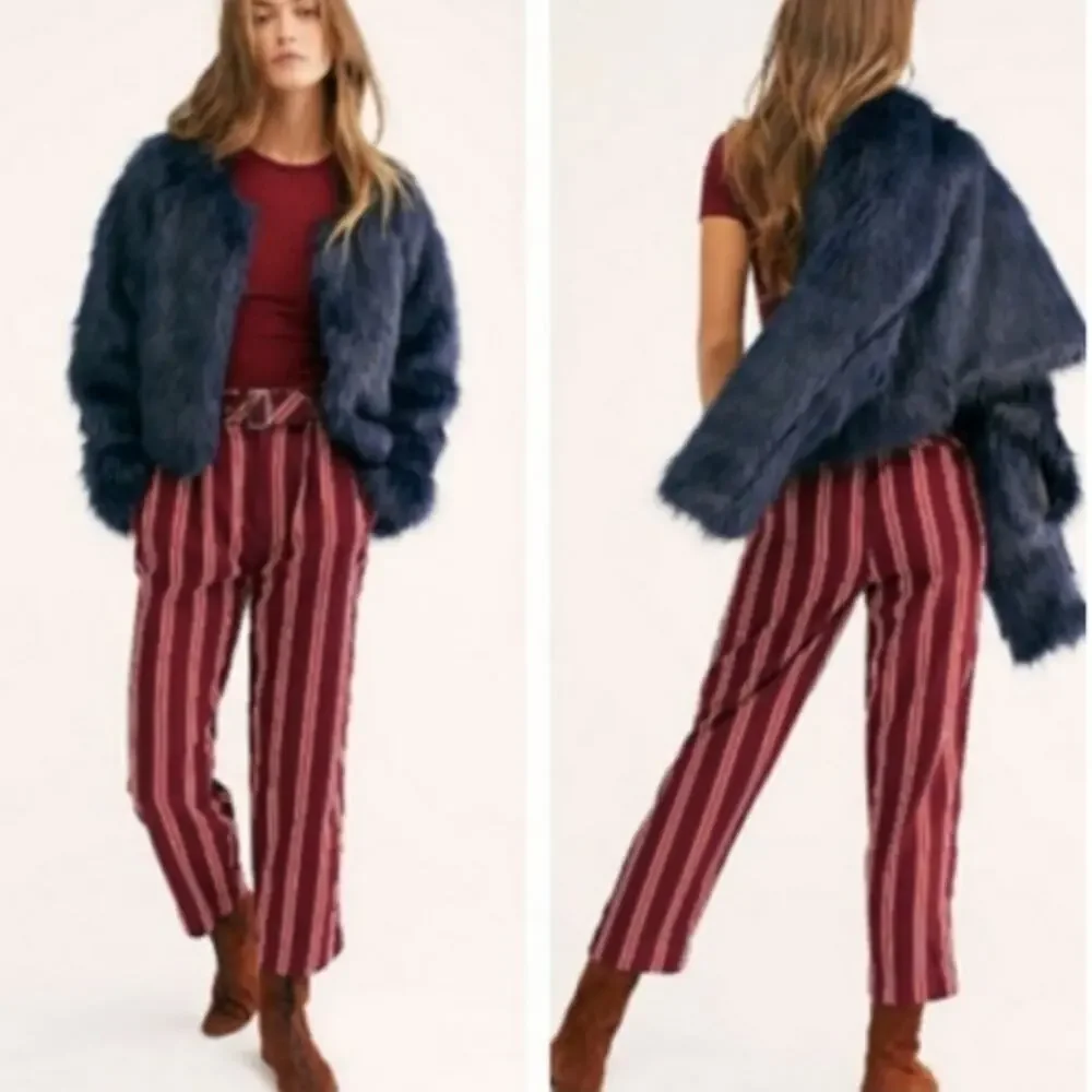 Free People Seemed Like Stripe Belted Crop Pant in Burgundy/Red Sz 2 Office Boho